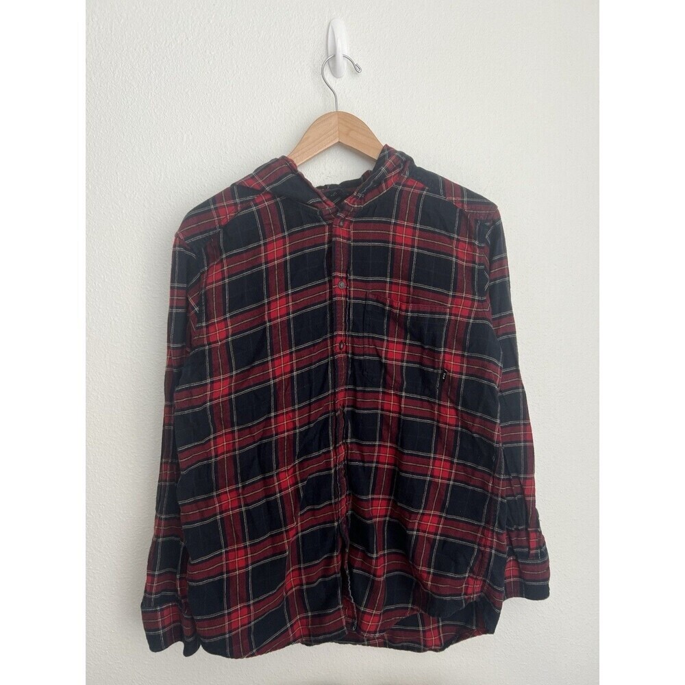 TNA Grunge Gothic Punk Red Black Plaid Button Up Hooded Flannel Shirt Small